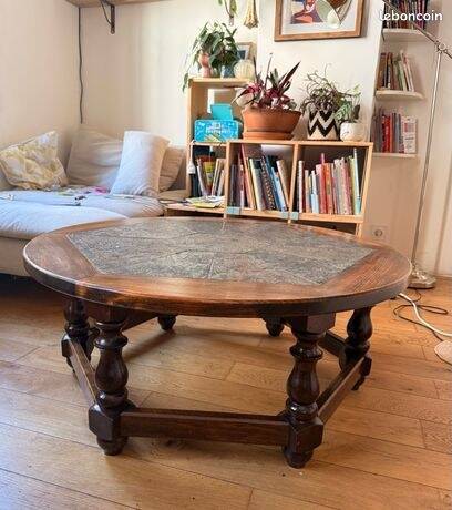 Round coffee table in solid wood & natural stone – diameter 99 cm
