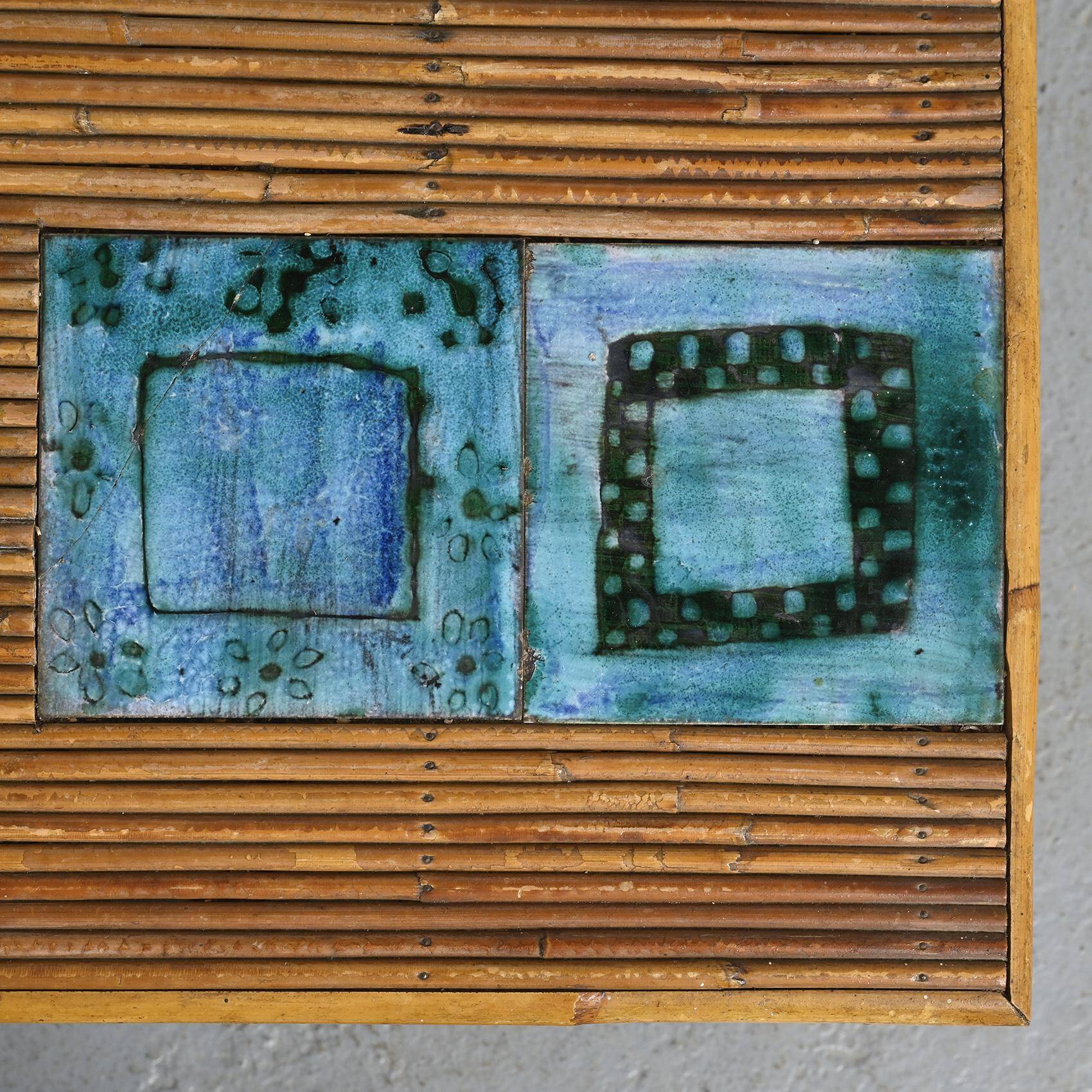 Coffee table with blue ceramic tiles by Robert and Jean Cloutier