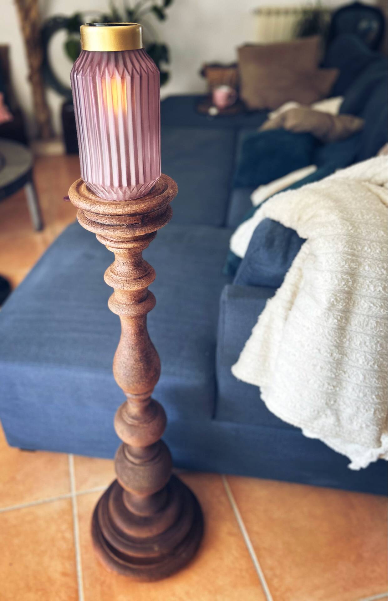 Large hand-patinated wooden candlestick – 100 cm – Unique piece