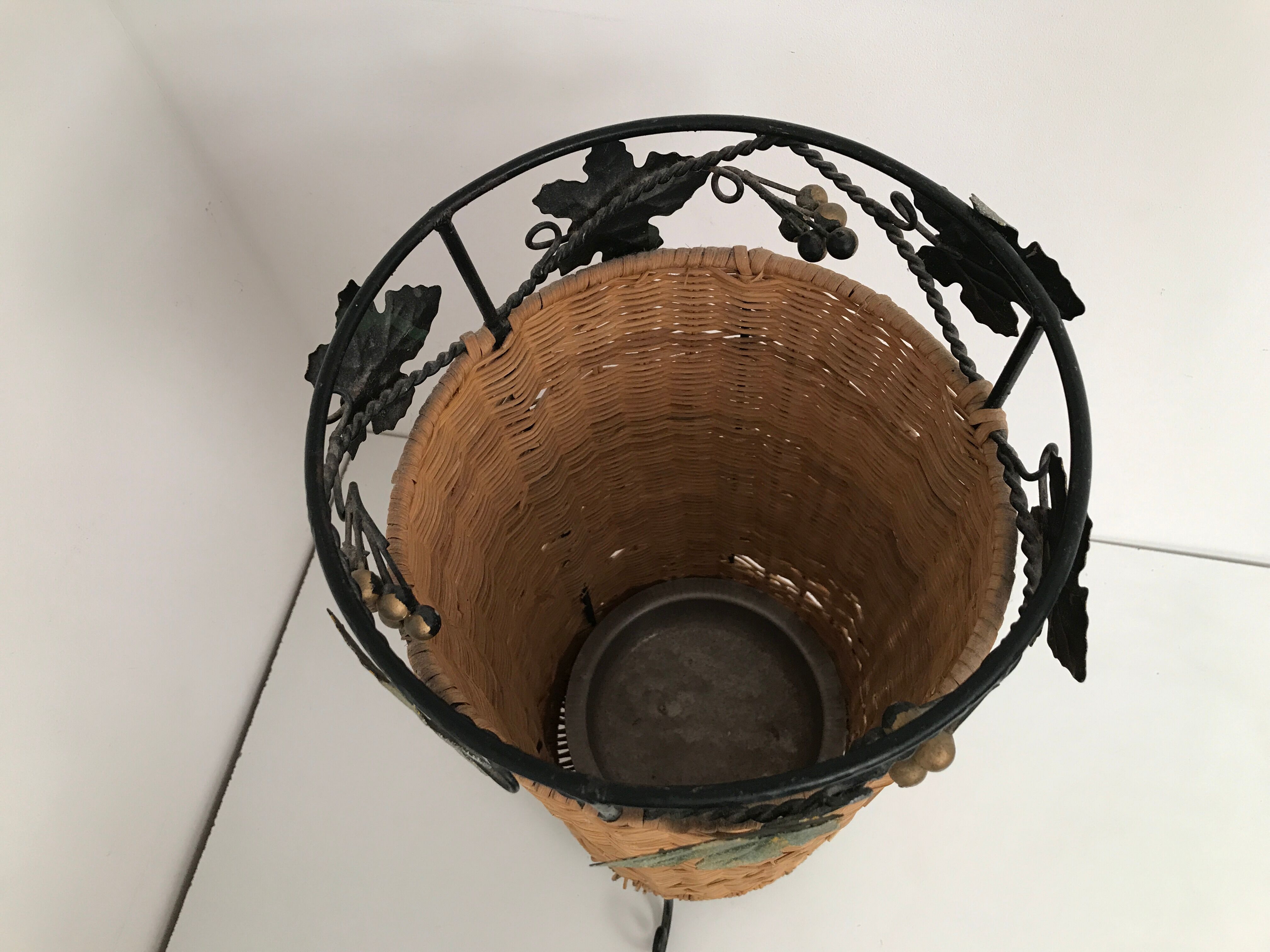 Vintage rattan and wrought iron umbrella holder