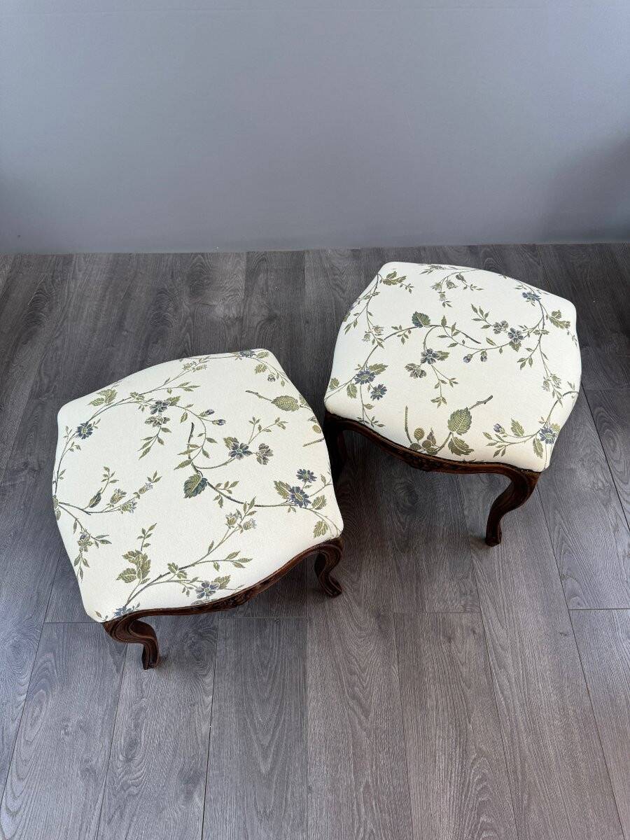 Pair of Louis XV Style Armchairs and Two Footstools, 19th Century