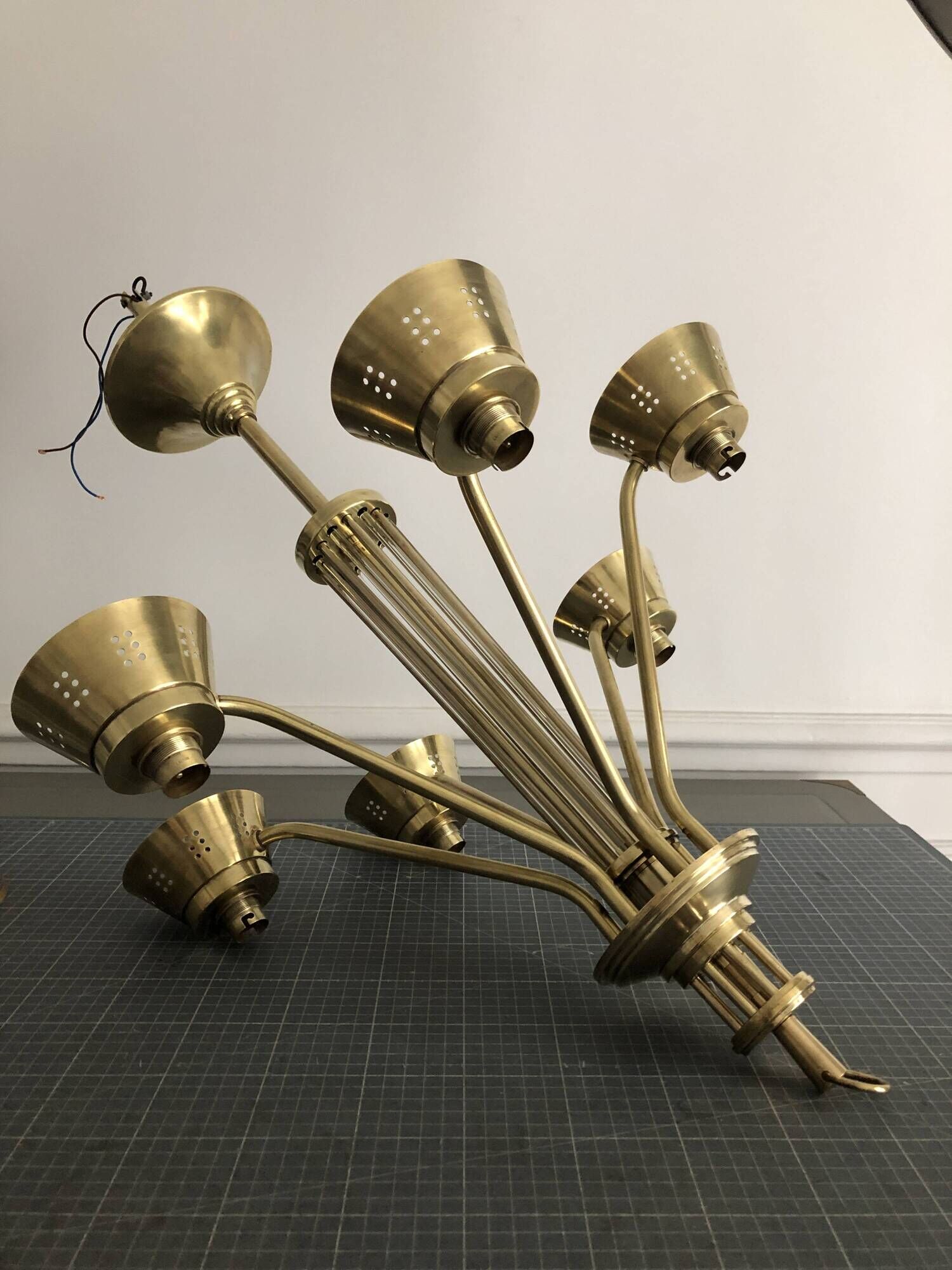 1950s six-branch brass and glass chandelier