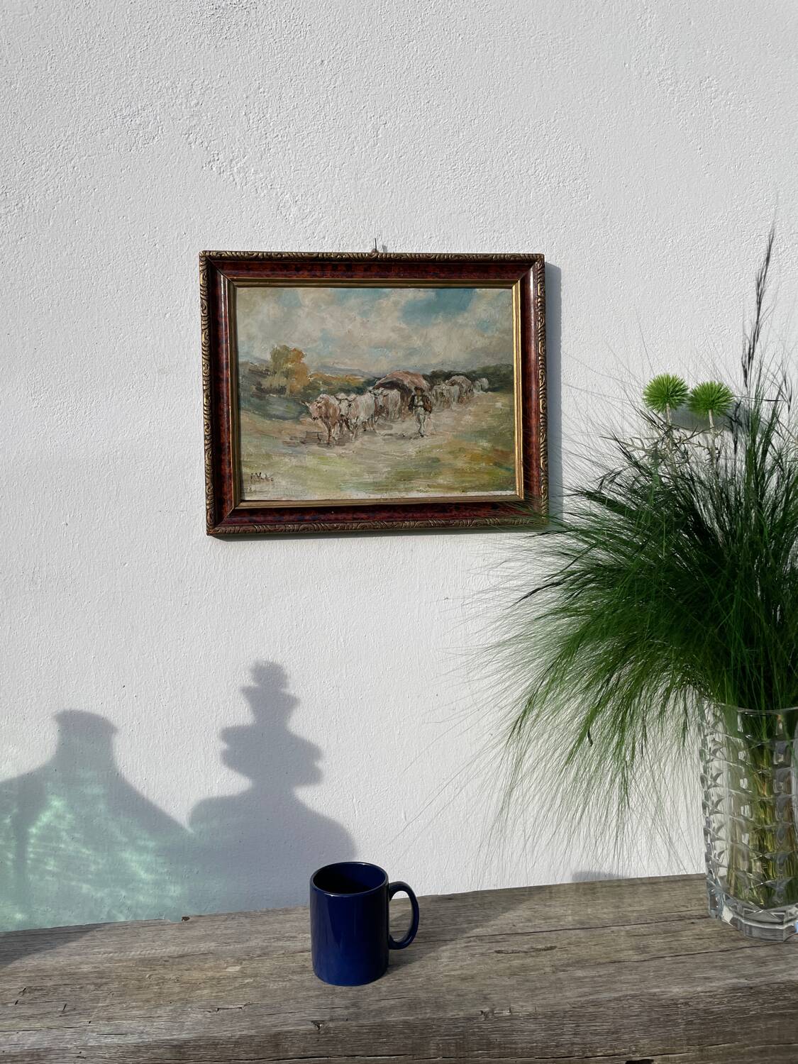 Painting of a Basque shepherd and his cows / antique oil painting