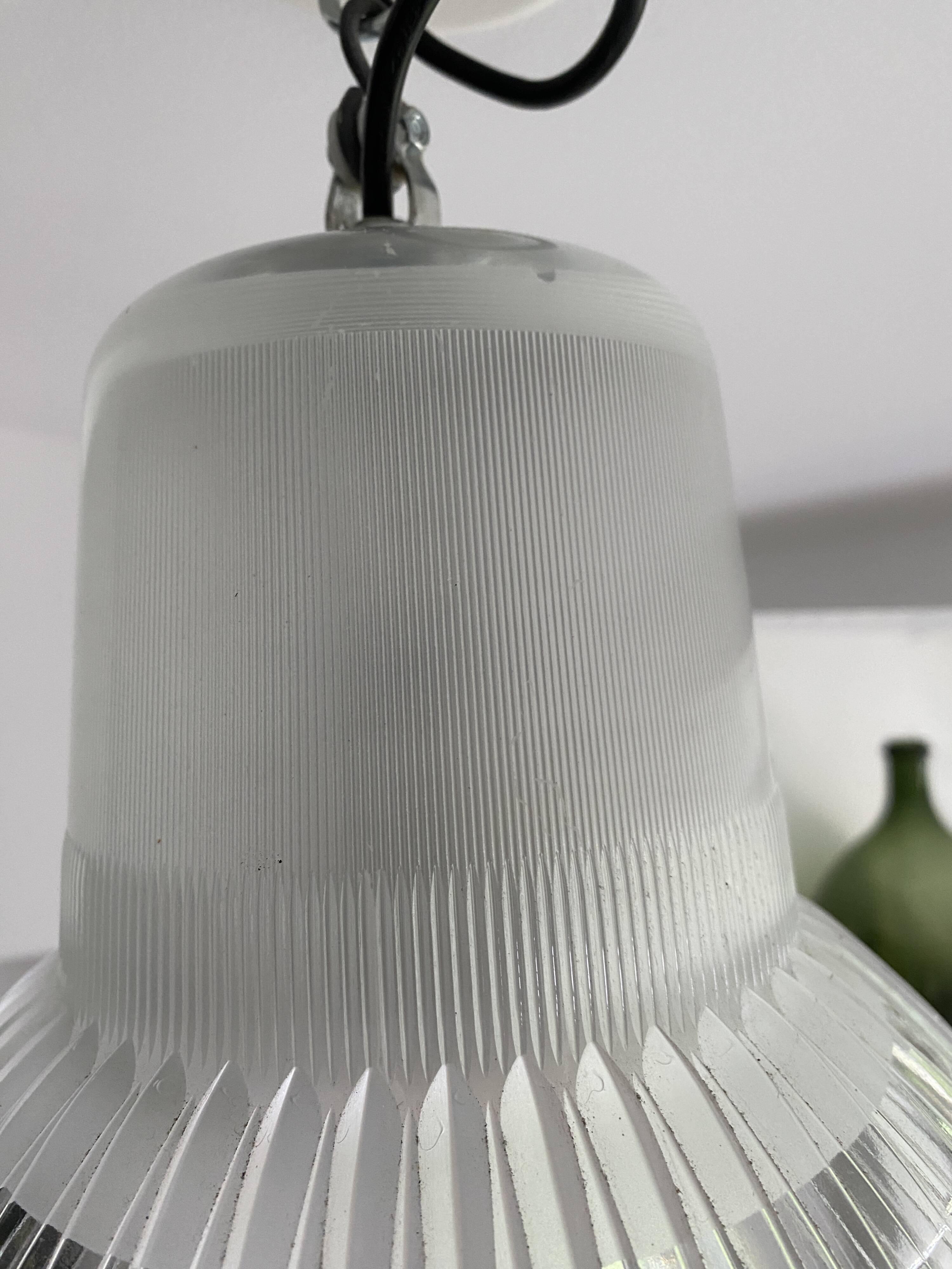 Vintage Holophane Suspension Chandelier from the 50s/60s, industrial style, transparent striated glass