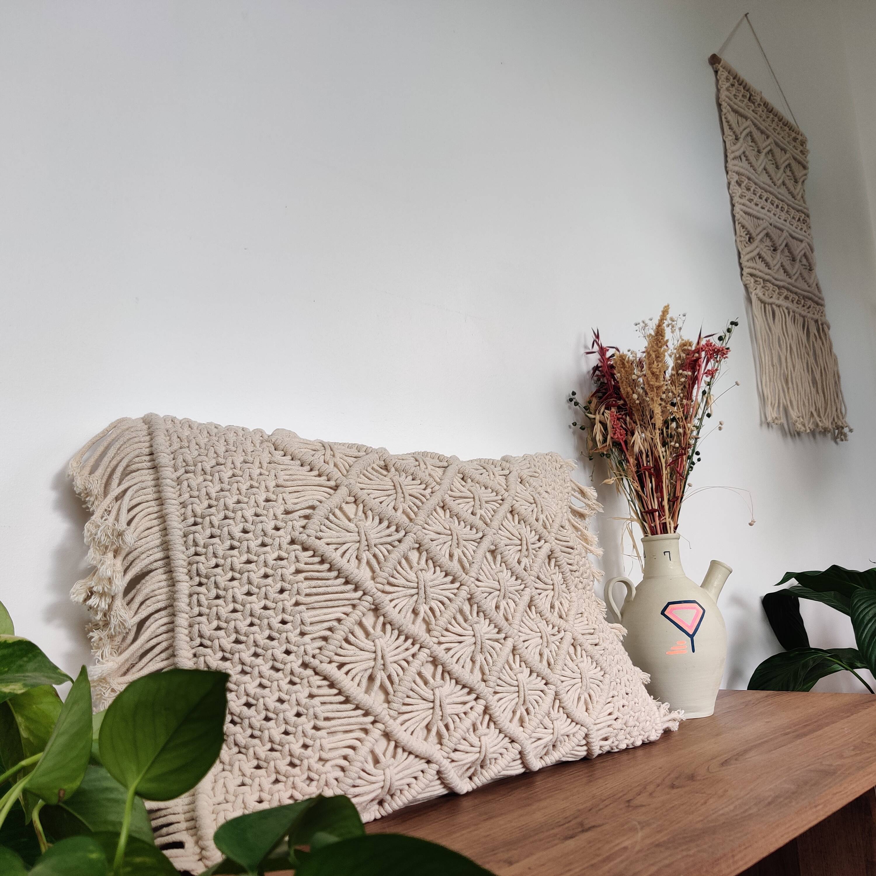 Beige braided macrame cushion 30x50 cm