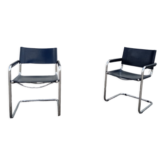 Pair of Cantilever armchairs in black leather