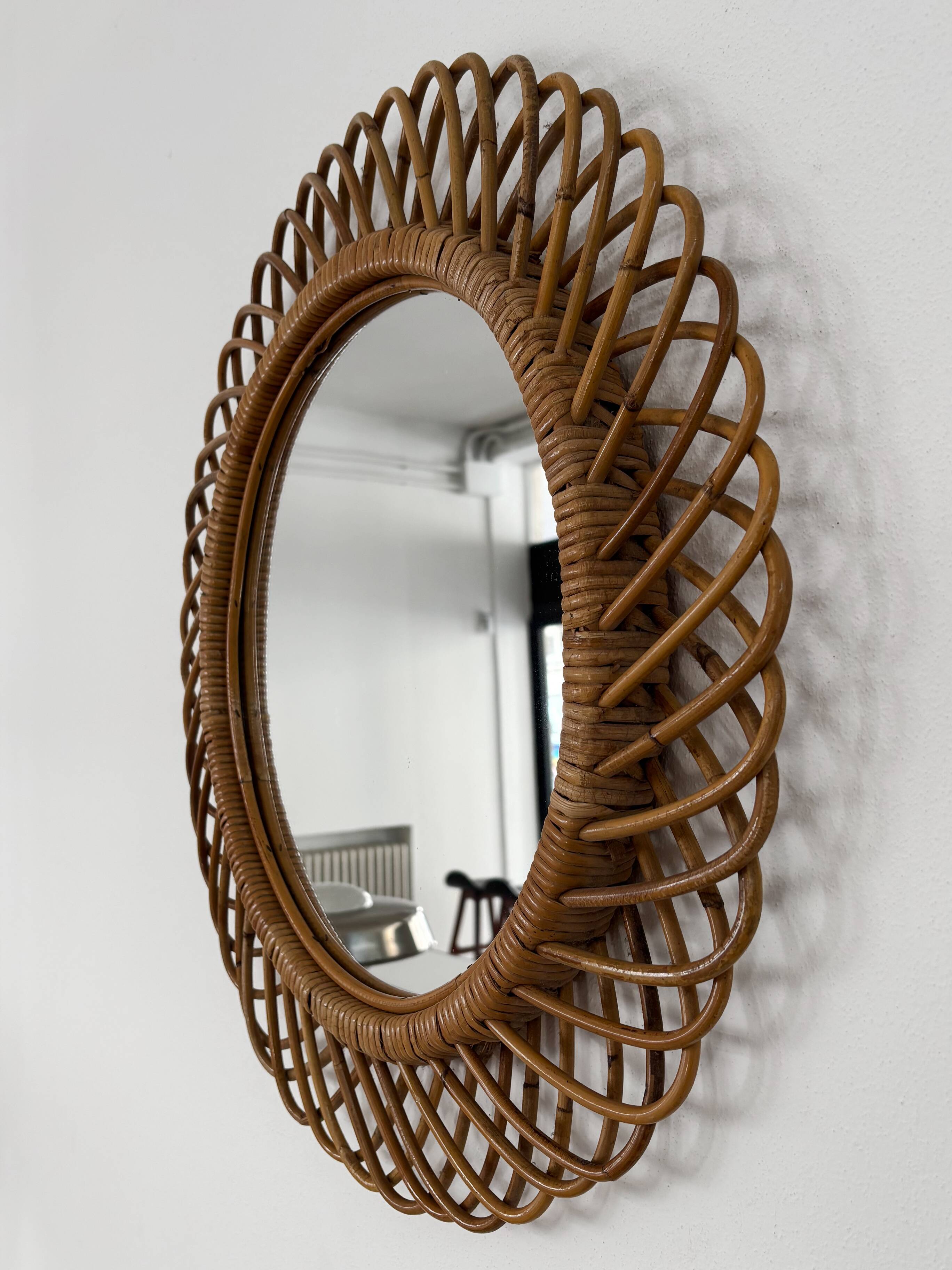 Italian Circle Rattan Bamboo Wall Mirror, 1960s