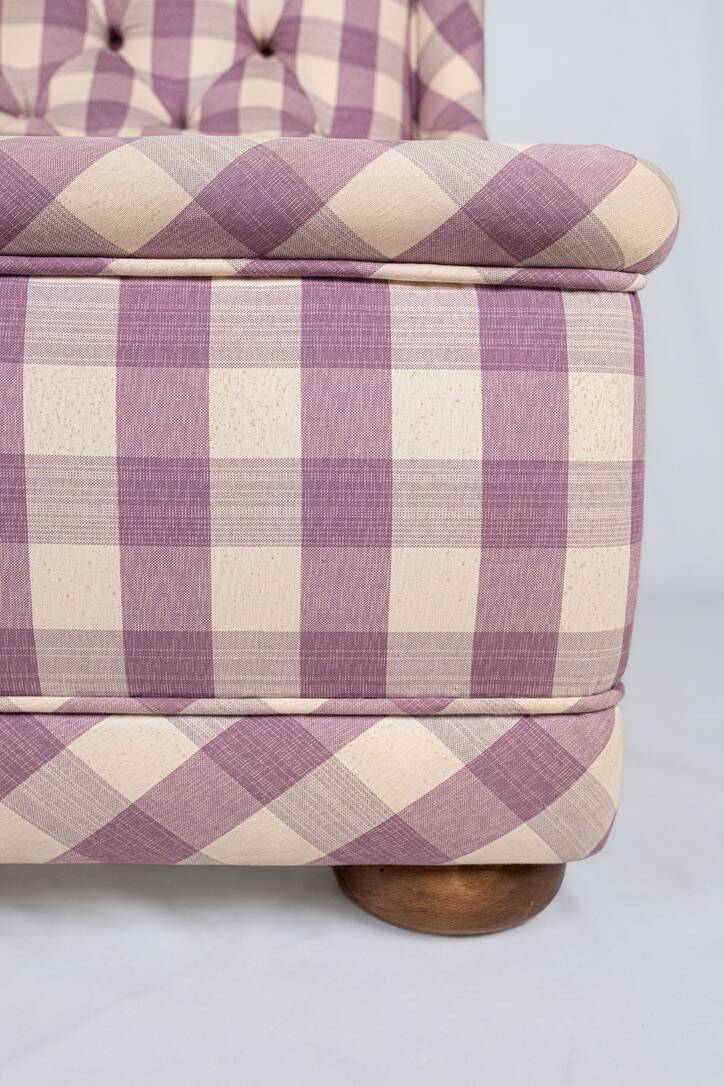 Upholstered bench in mauve and cream Vichy fabric, France, 1970s
