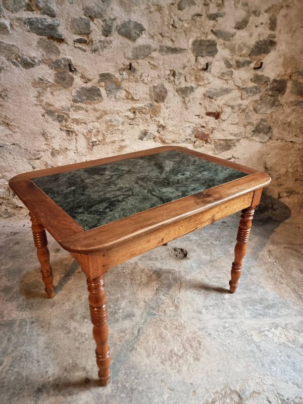 Table à manger / bureau vintage français – chêne et noyer – plateau en marbre – table d'écriture des années 1960 avec tiroir