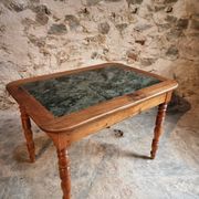 French vintage dining/desk table – oak and walnut – marble top – 1960s writing table with drawer