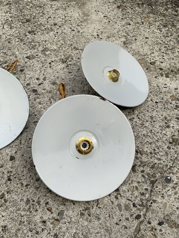 Trio suspension tôle émaillée vintage verte et blanche fils doré douille laiton