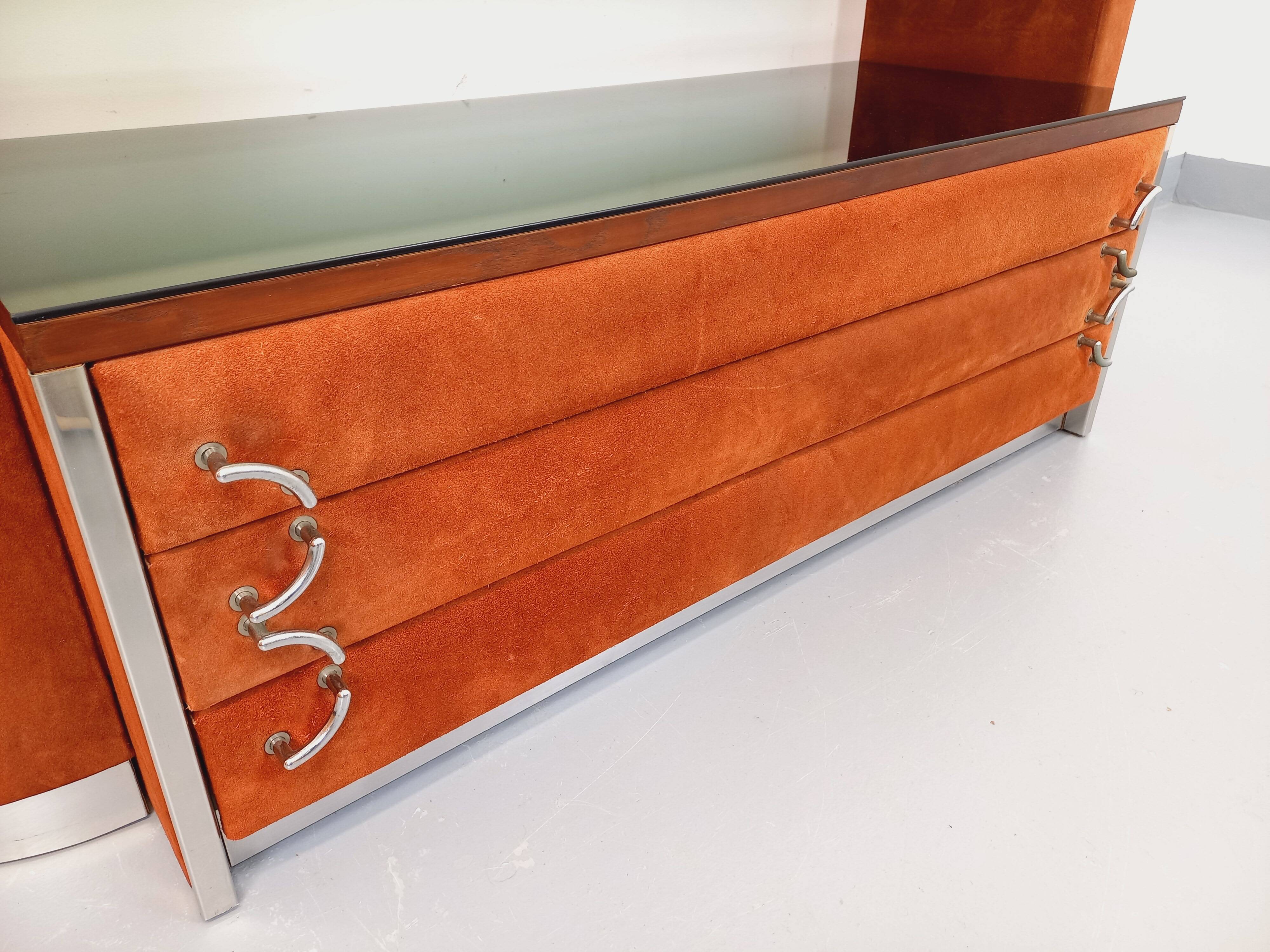 Vintage Italian hairdresser design in suede velvet, chrome, smoked glass and