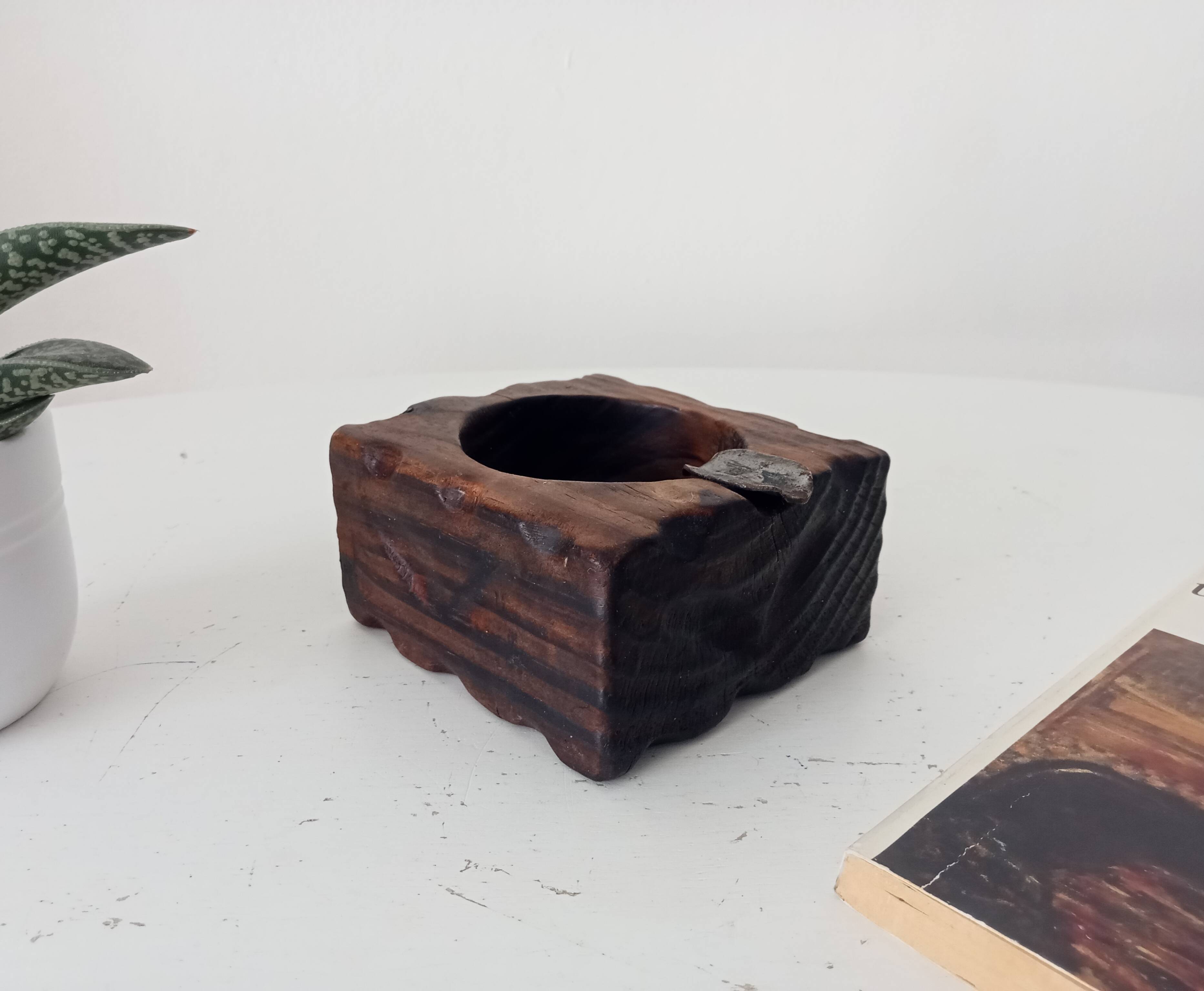 Vintage brutalist ashtray in carved wood