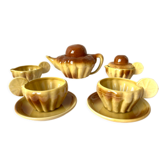 Théière et tasses à thé en céramique forme brioche citron années 80 vintage