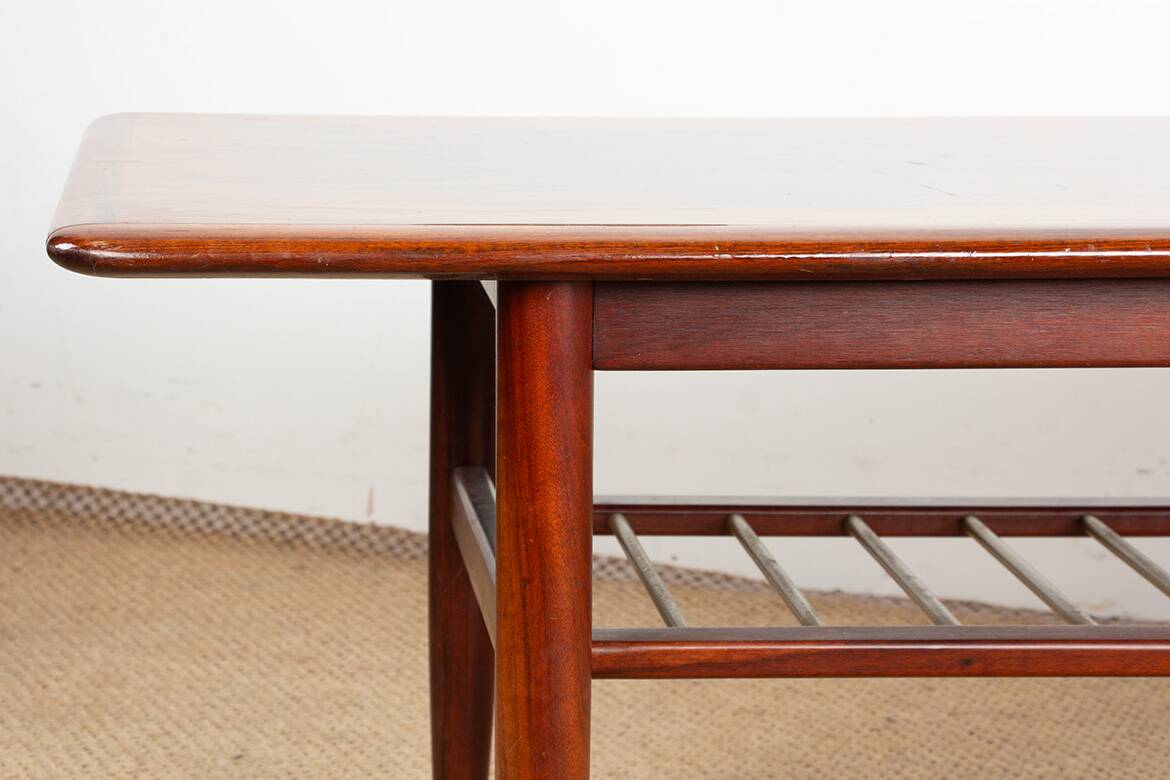 Rosewood and metal tube coffee table, two levels, Denmark 1960.
