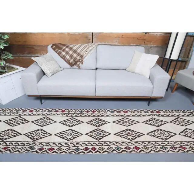 Vintage Turkish Hand-Knotted Wool Cotton White Runner 80x401