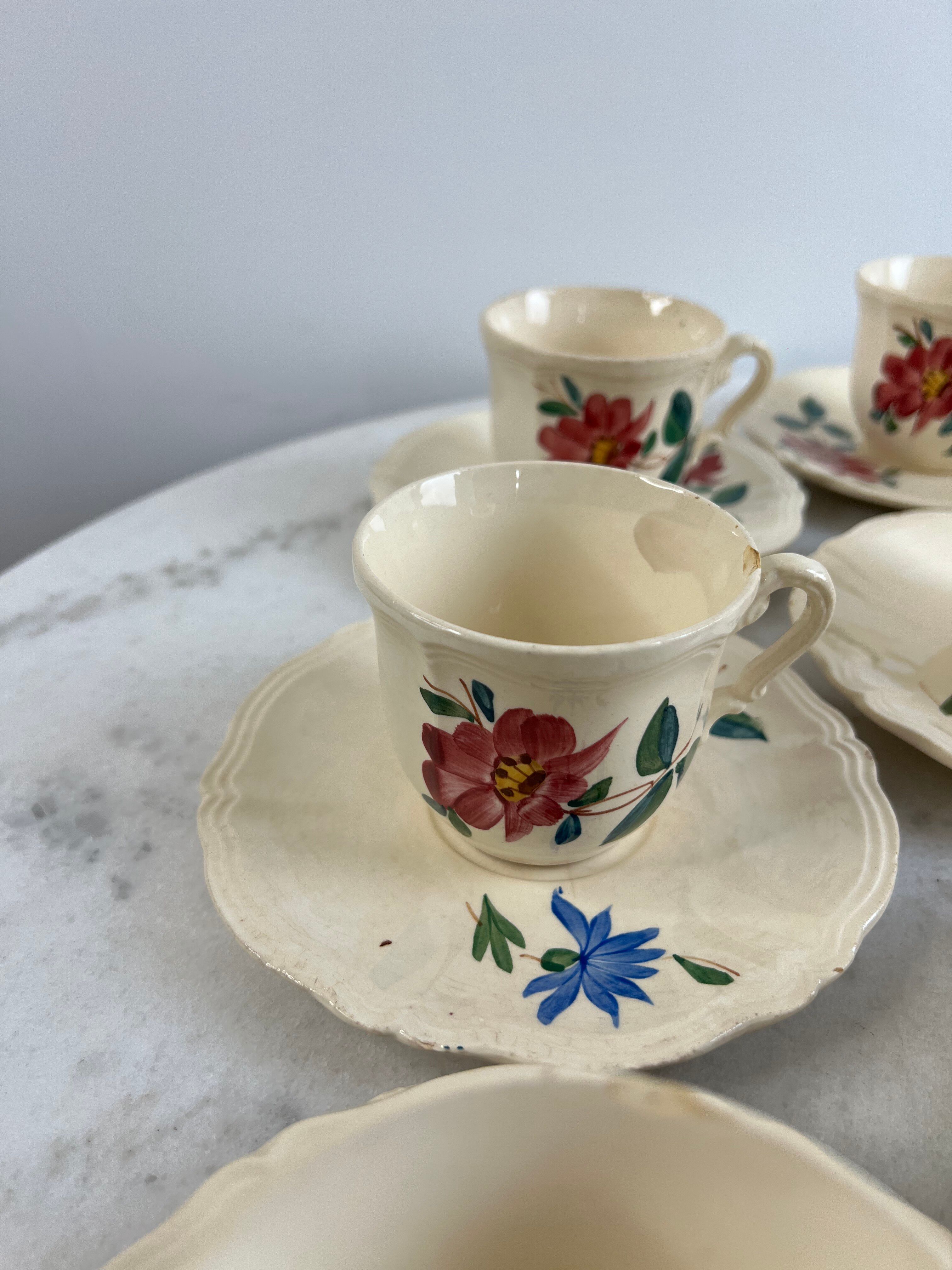 Set of 8 hand-painted coffee cups Sarreguemines Terre de fer
