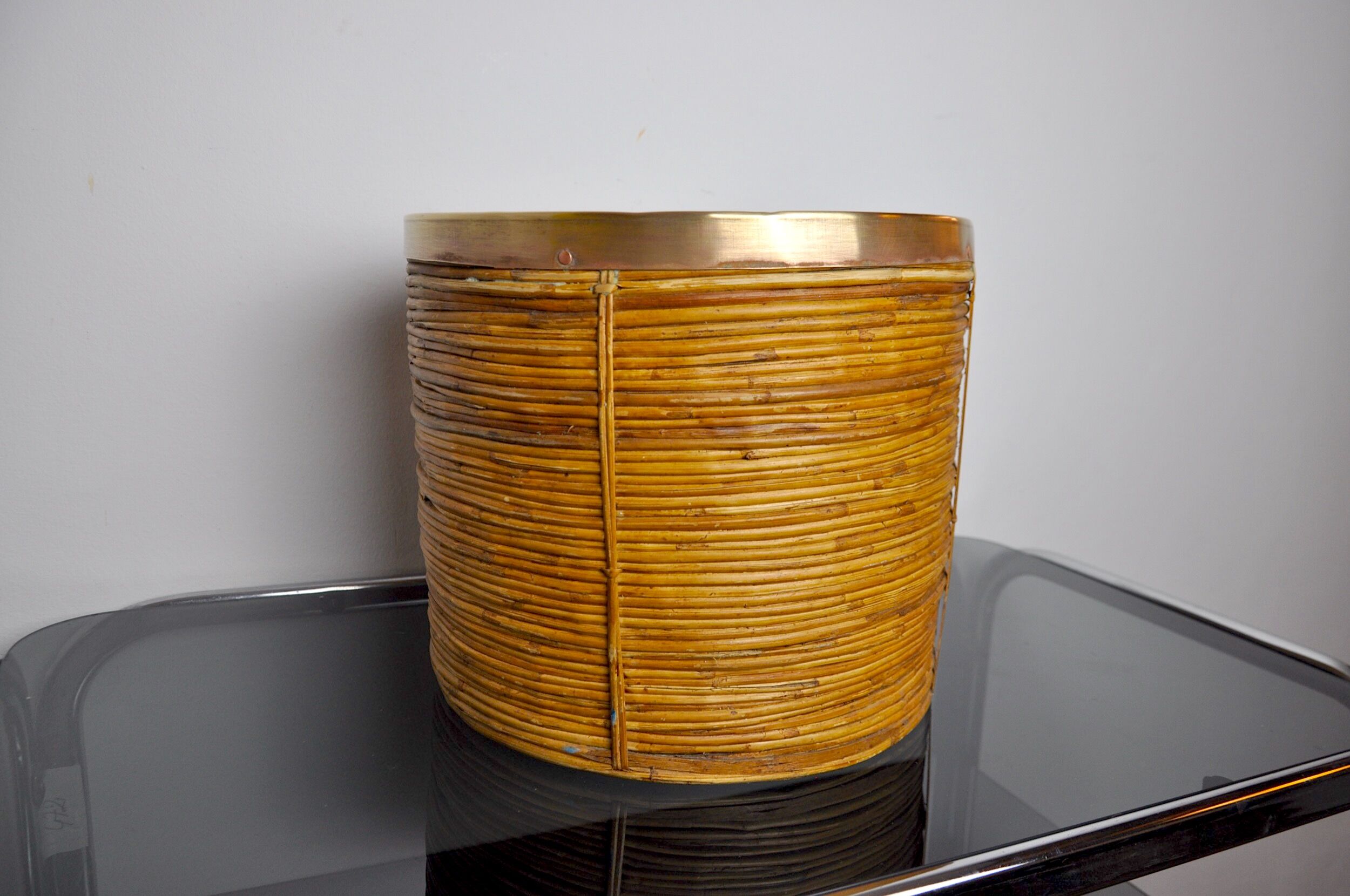 Rattan and brass planter basket, Italy, 1970