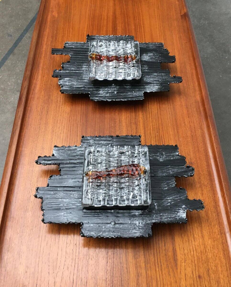 Vintage Italian brutalist wall light in wrought iron by Albano Poli for Poliarte, set of 2.