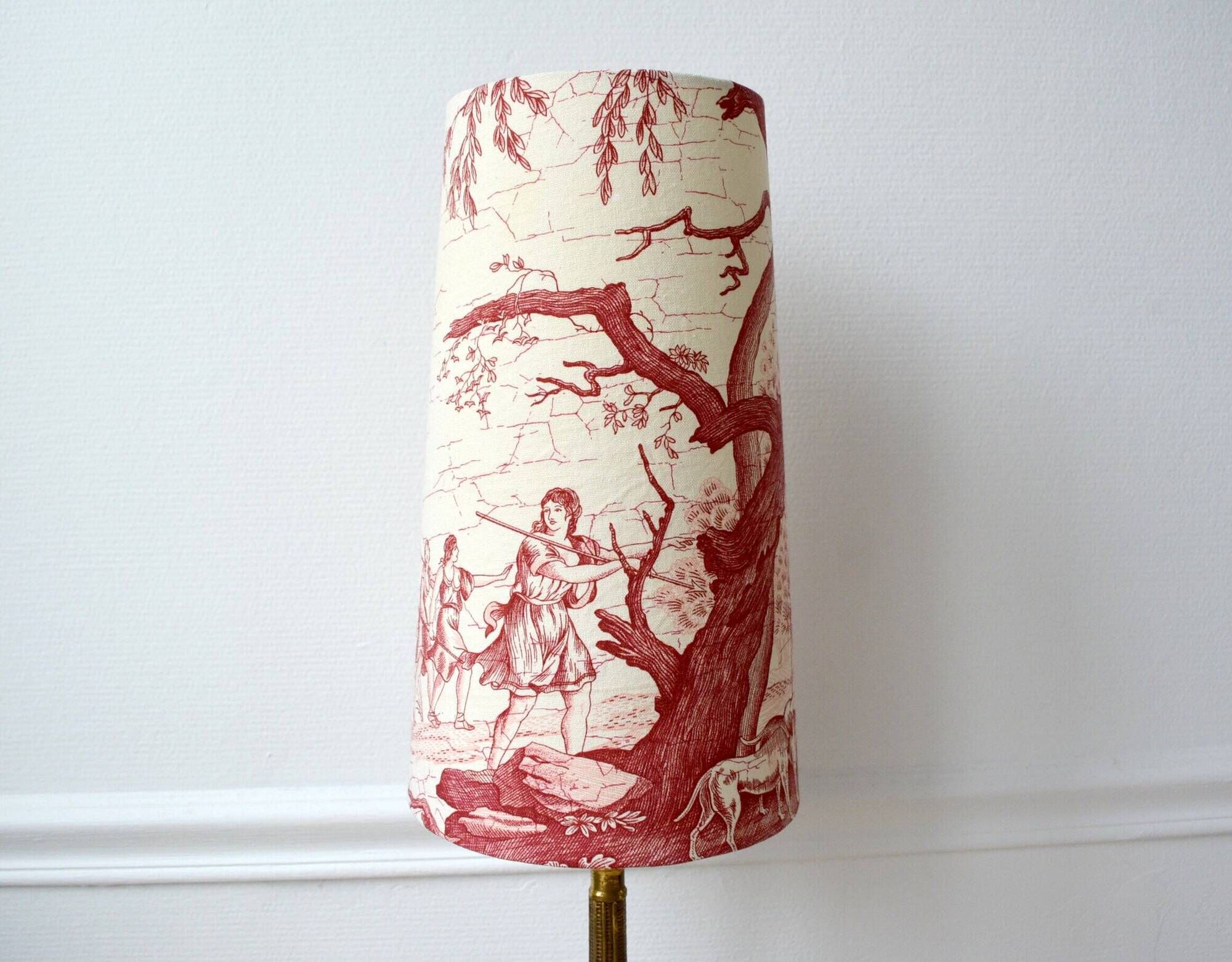 Red toile de Jouy lampshade, Diana the Huntress Greek goddess