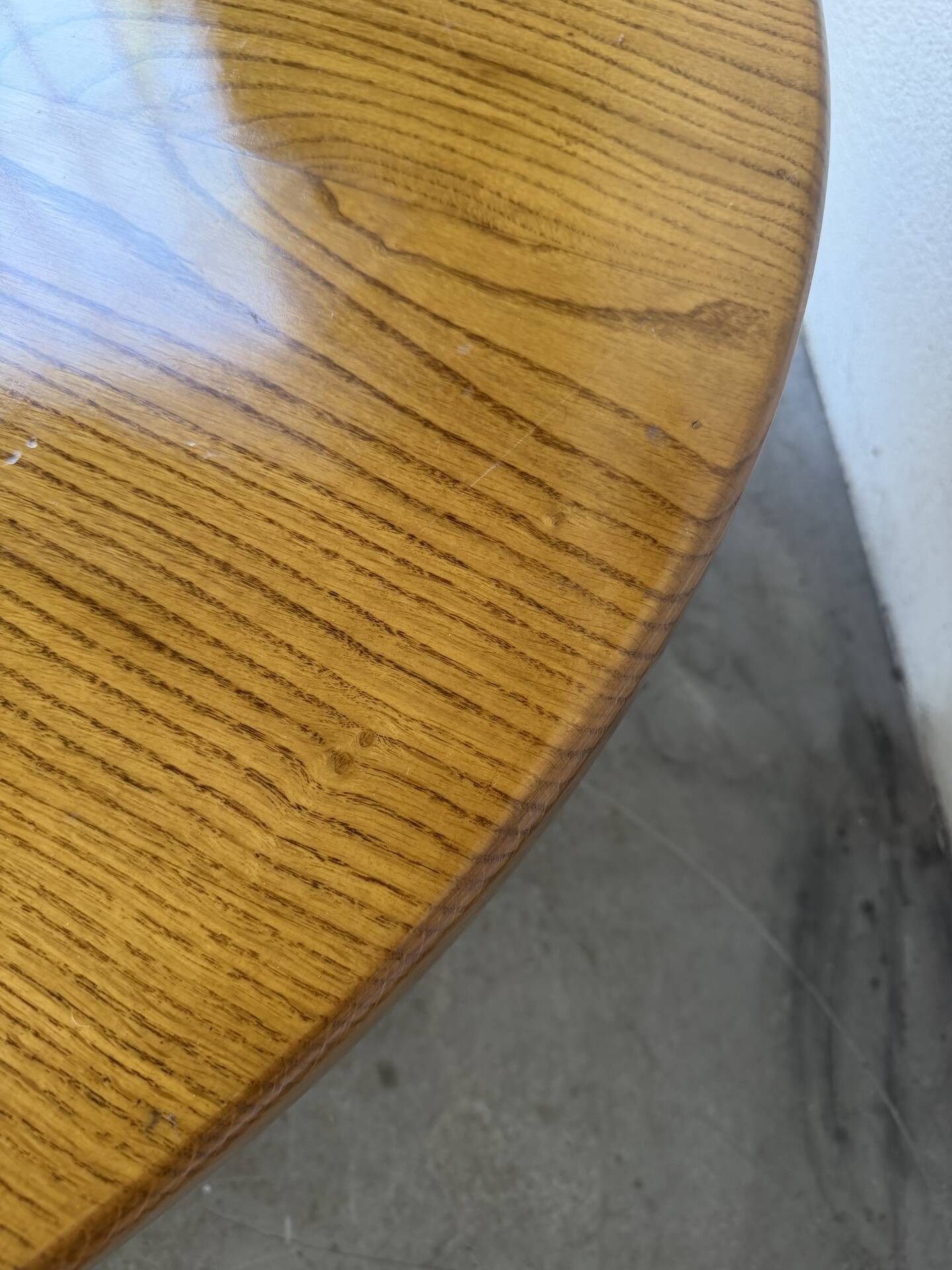 1950s round tripod oak coffee table