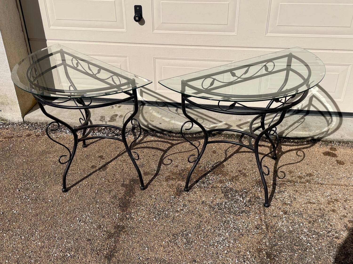 Glass and iron table with two side tables and 8 chairs