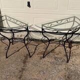 Glass and iron table with two side tables and 8 chairs