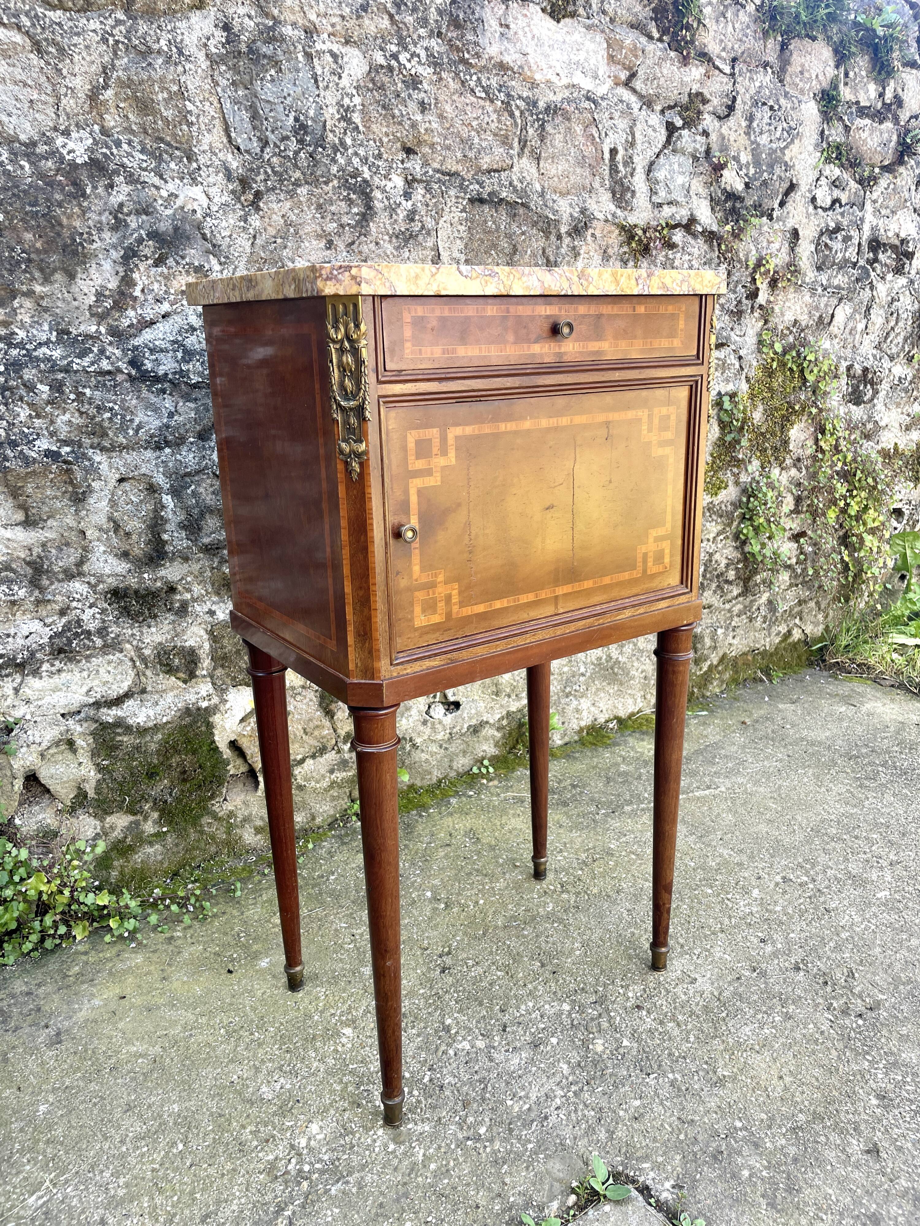 Louis XVI style bedside table in bronze, marble and ceramic