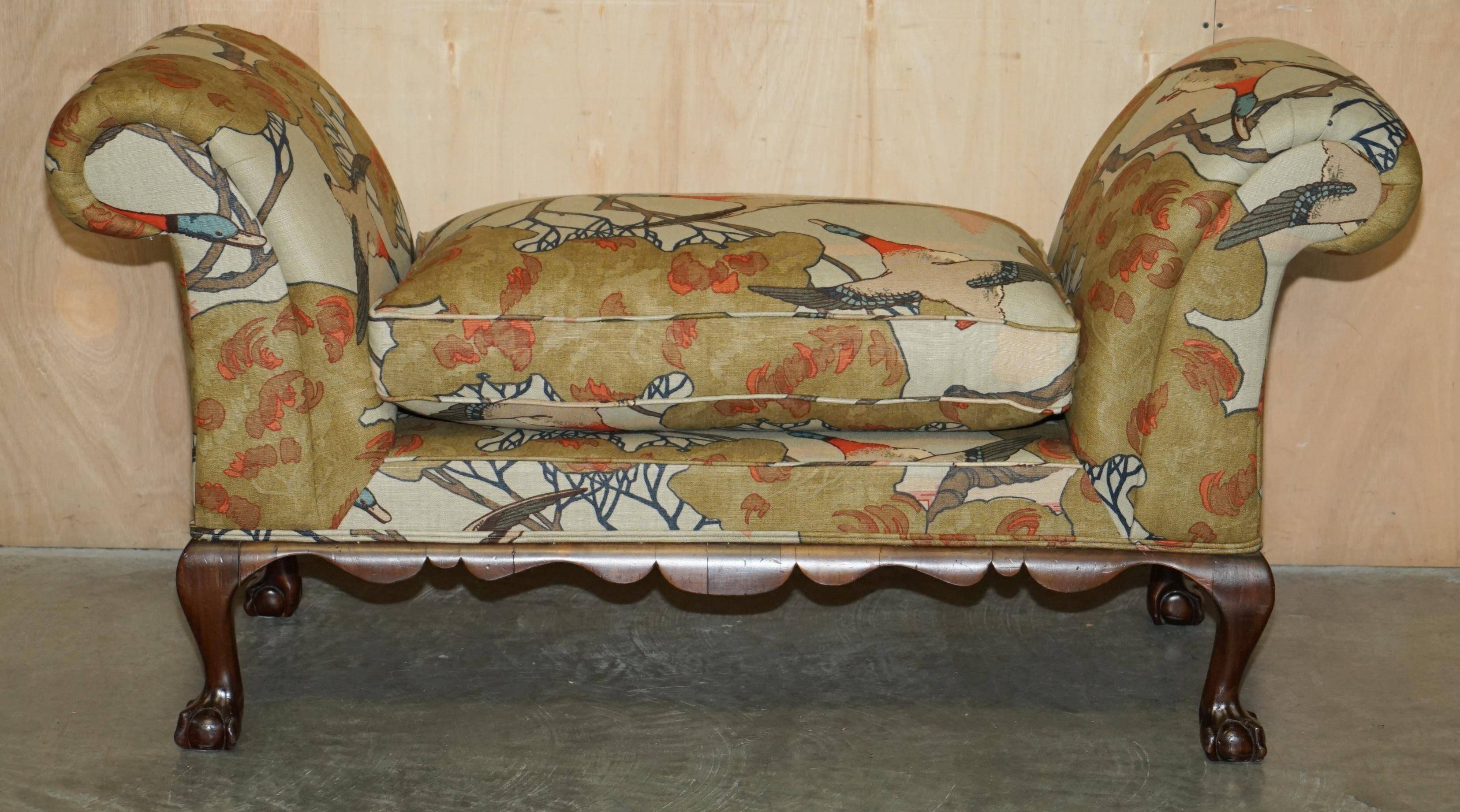 Antique banquette with cluster and ball feet, window seat in Mulberry Flying Ducks fabric.