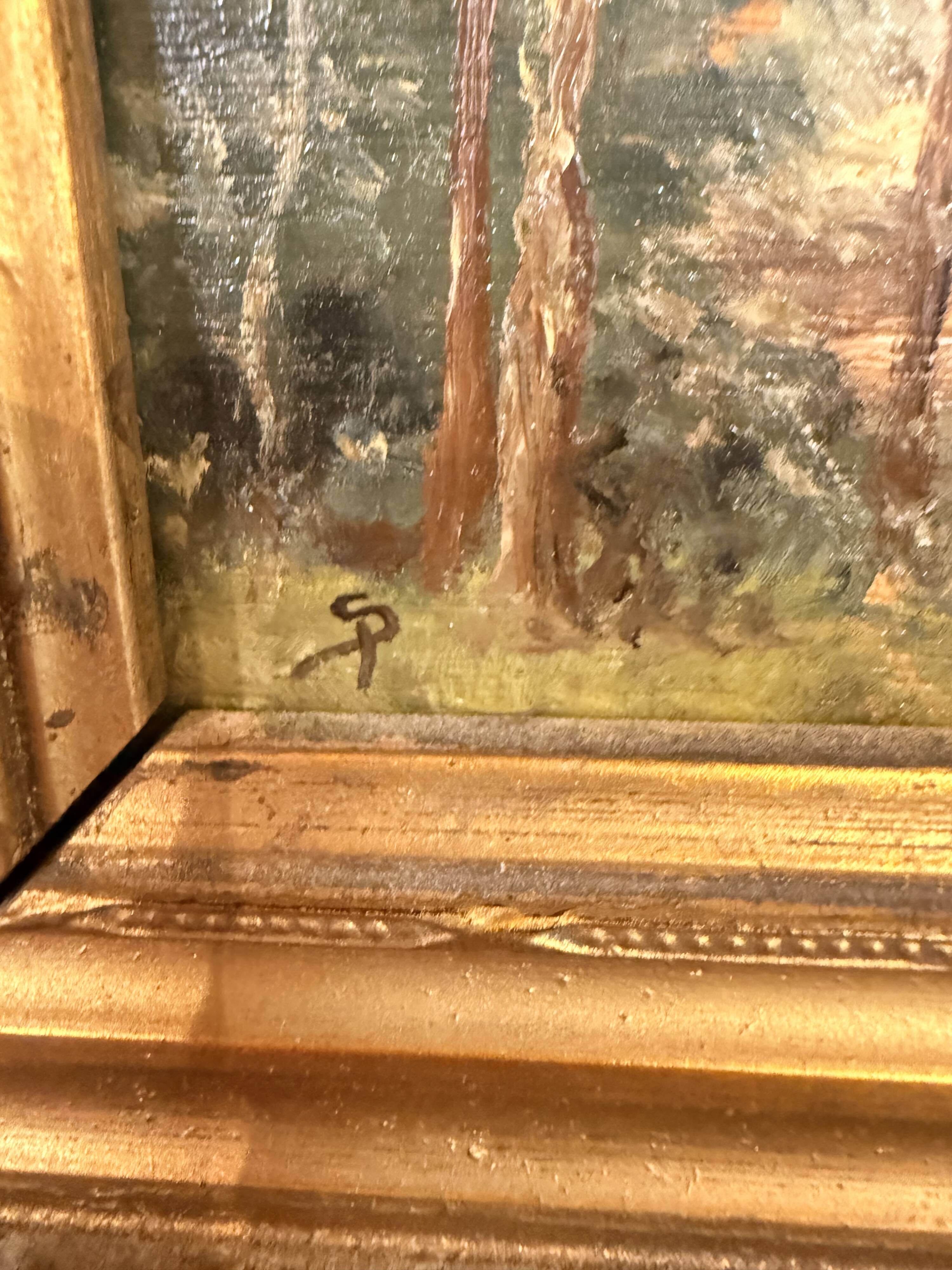 Ancienne huile sur bois – Maison en forêt – Paysage