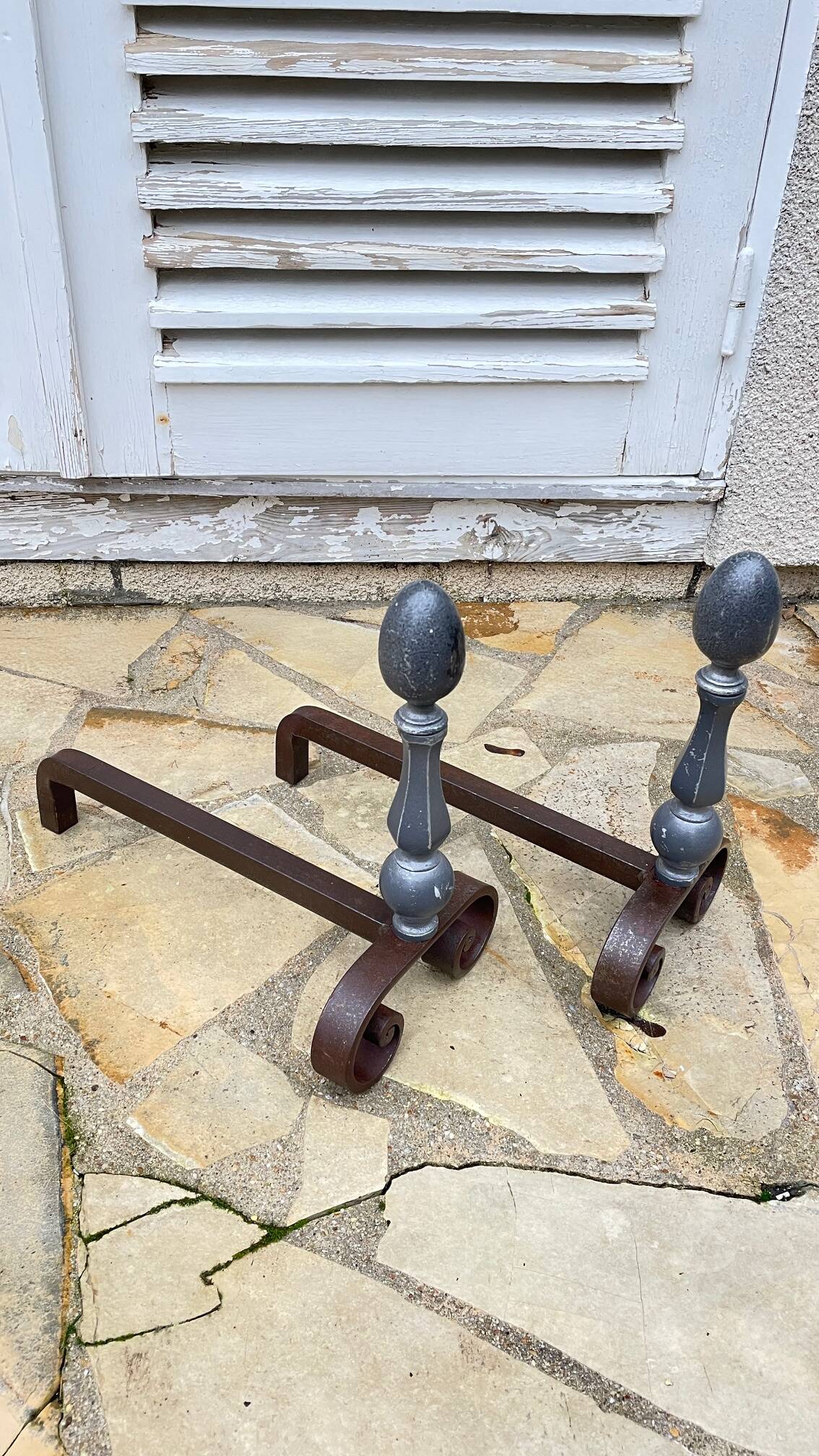 Pair of vintage geometric fire dogs