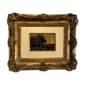 Tableau peinture huile sur toile paysanne au champs  bien encadré 36 x 30