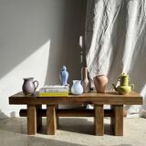 Solid wood bench with openwork base crossed by a cylinder - Mango wood