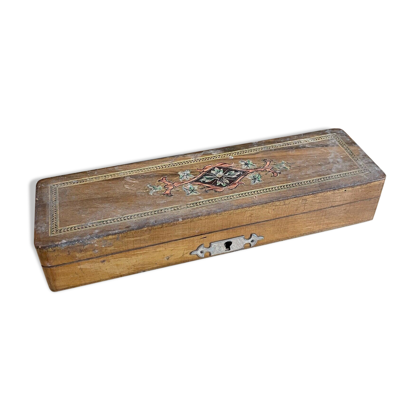 Wooden pen tray decorated with flowers and marquetry