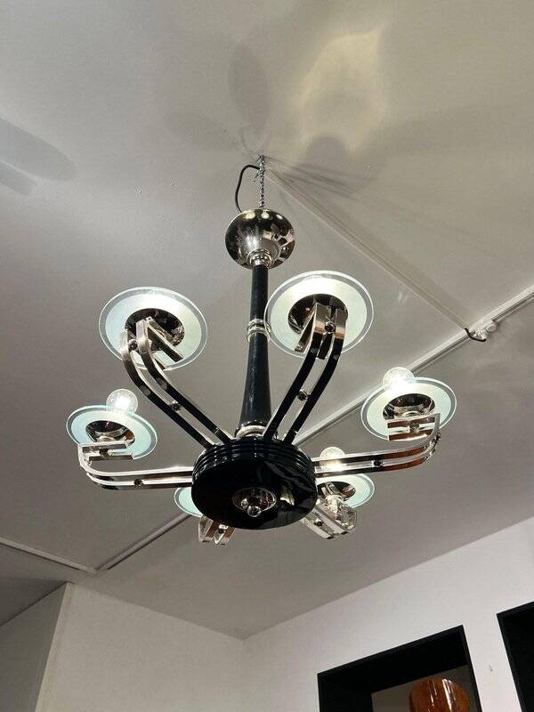 Chandelier Art Déco en laque noire et verre, 1930