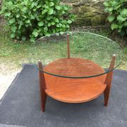 Vintage coffee table round compass legs top in glass and teak wood