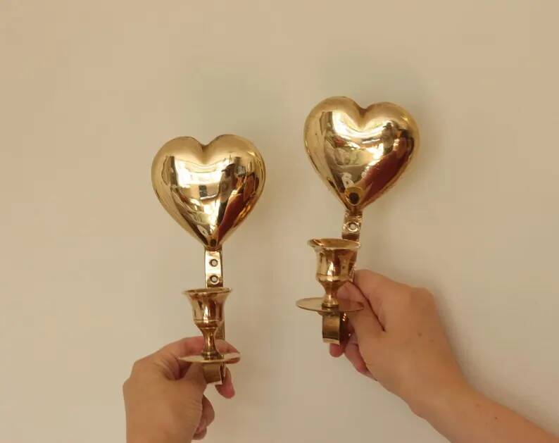 Vintage Brass Heart Shaped Wall Sconces