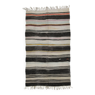 Tapis Kilim vintage fait main à rayures crème et marron, 5 x 9, 147 x 264 cm
