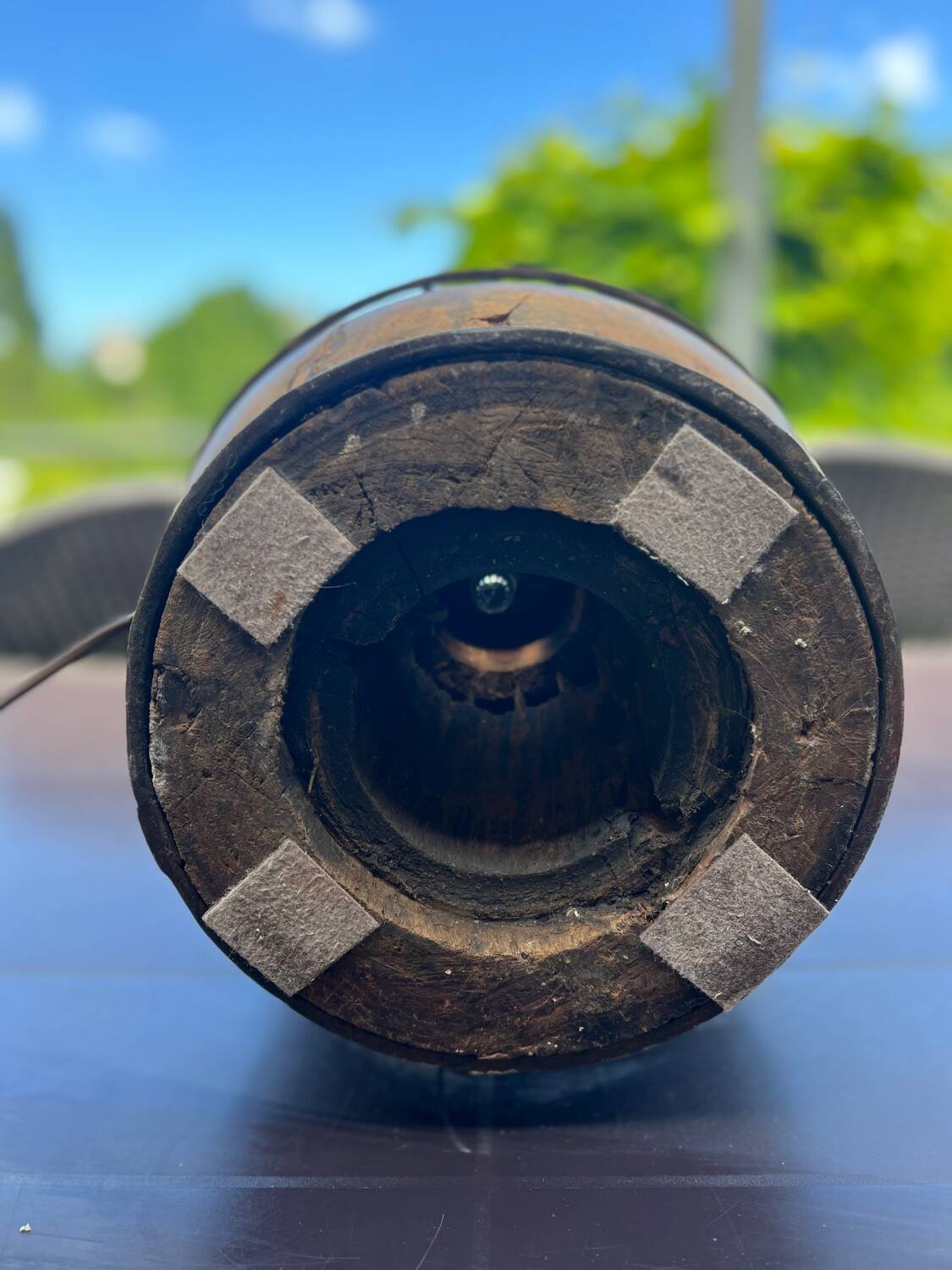 Vintage wooden lamp – base made from a plough wheel hub