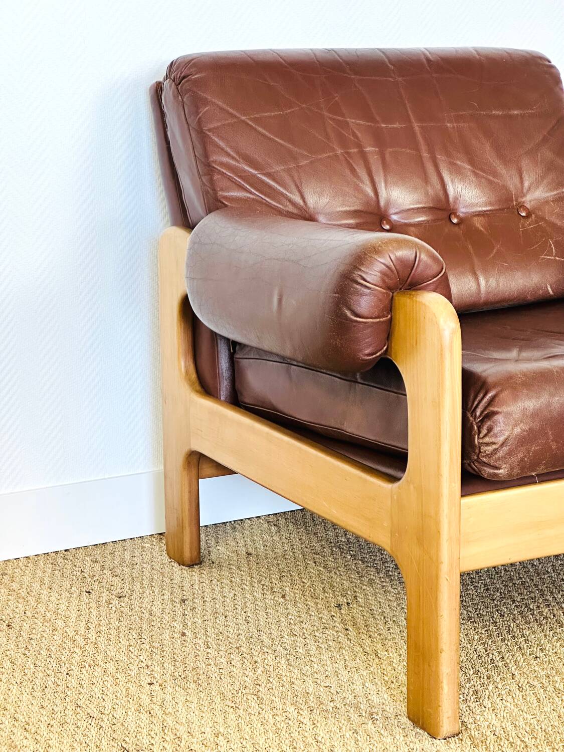 Vintage Scandinavian leather and teak armchair 1960