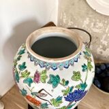 Chinese enamelled earthenware jar with wooden base