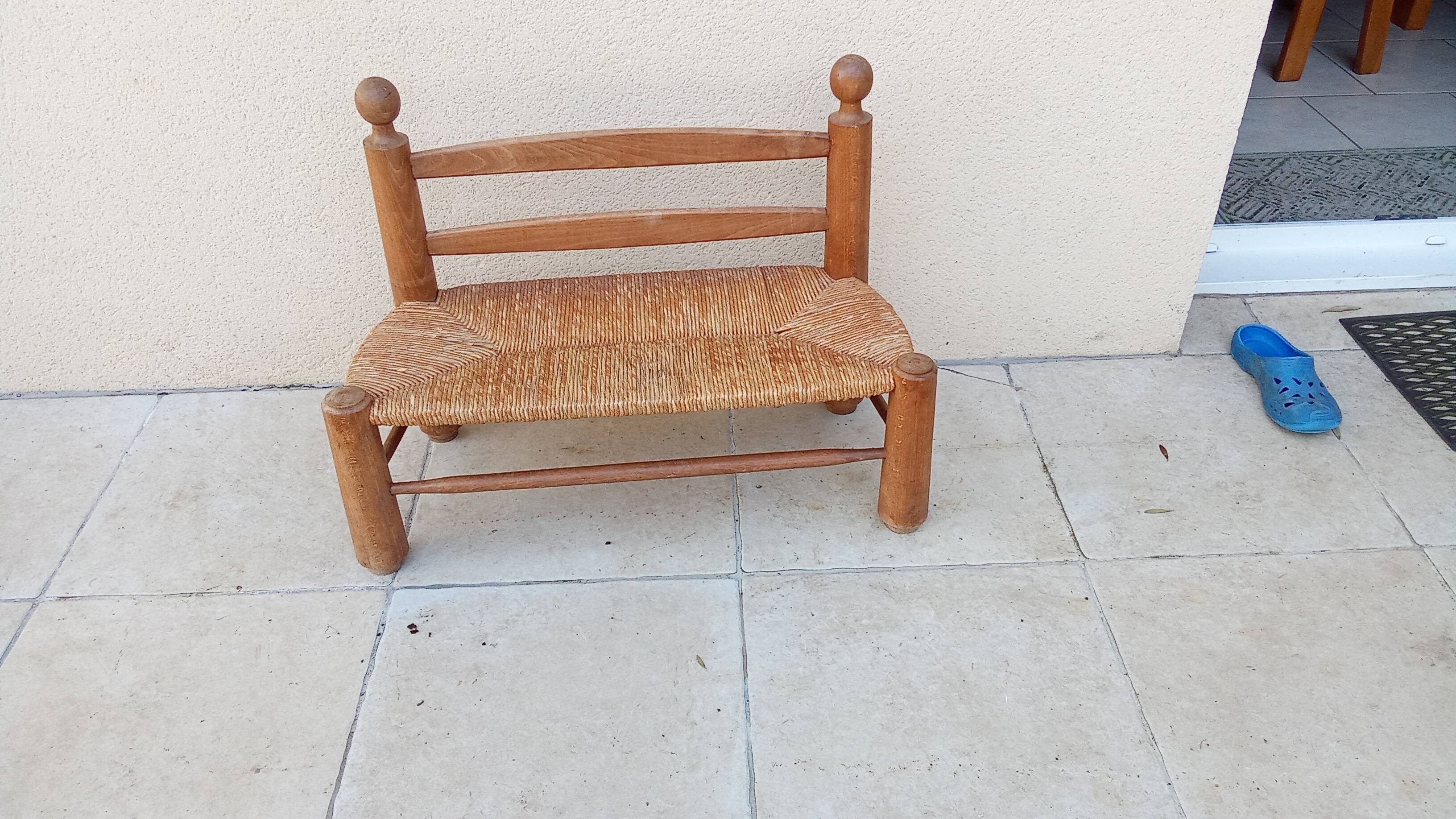 Banc vintage bois et paille esprit perriand année 50