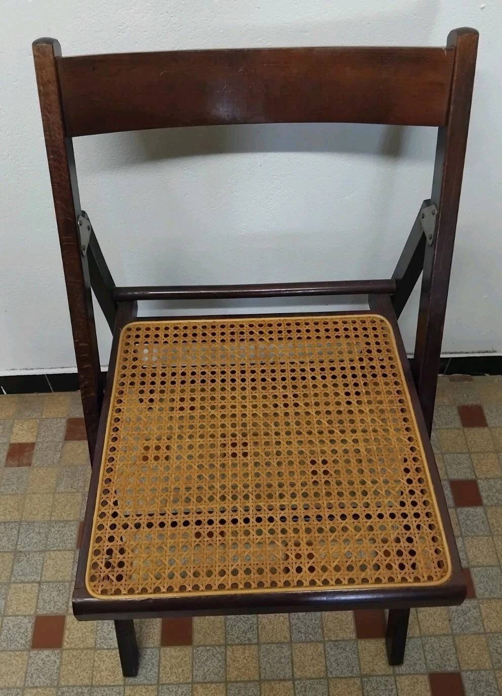 Set of 4 vintage 1970s folding chairs in wood and caning