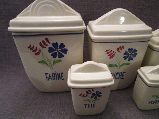 Set de 5 pots a épices anciens art-déco en faience de Lunéville modèle "Marcelle"