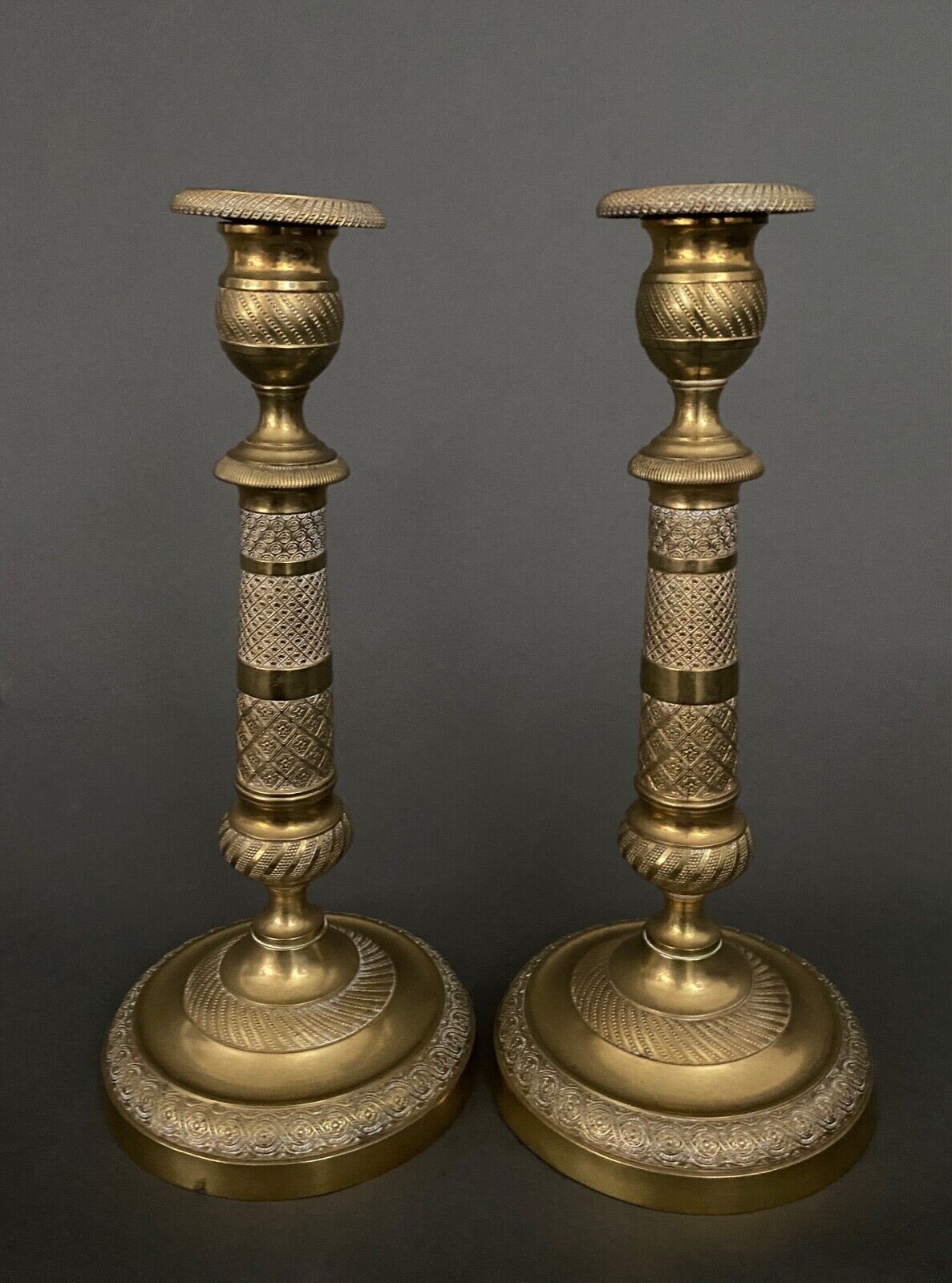 Pair of candlesticks gilded bronze chiseled guilloché first part of the nineteenth