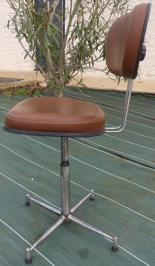 Vintage office chair brand mirima adjustable with brown imitation leather top and metal foot