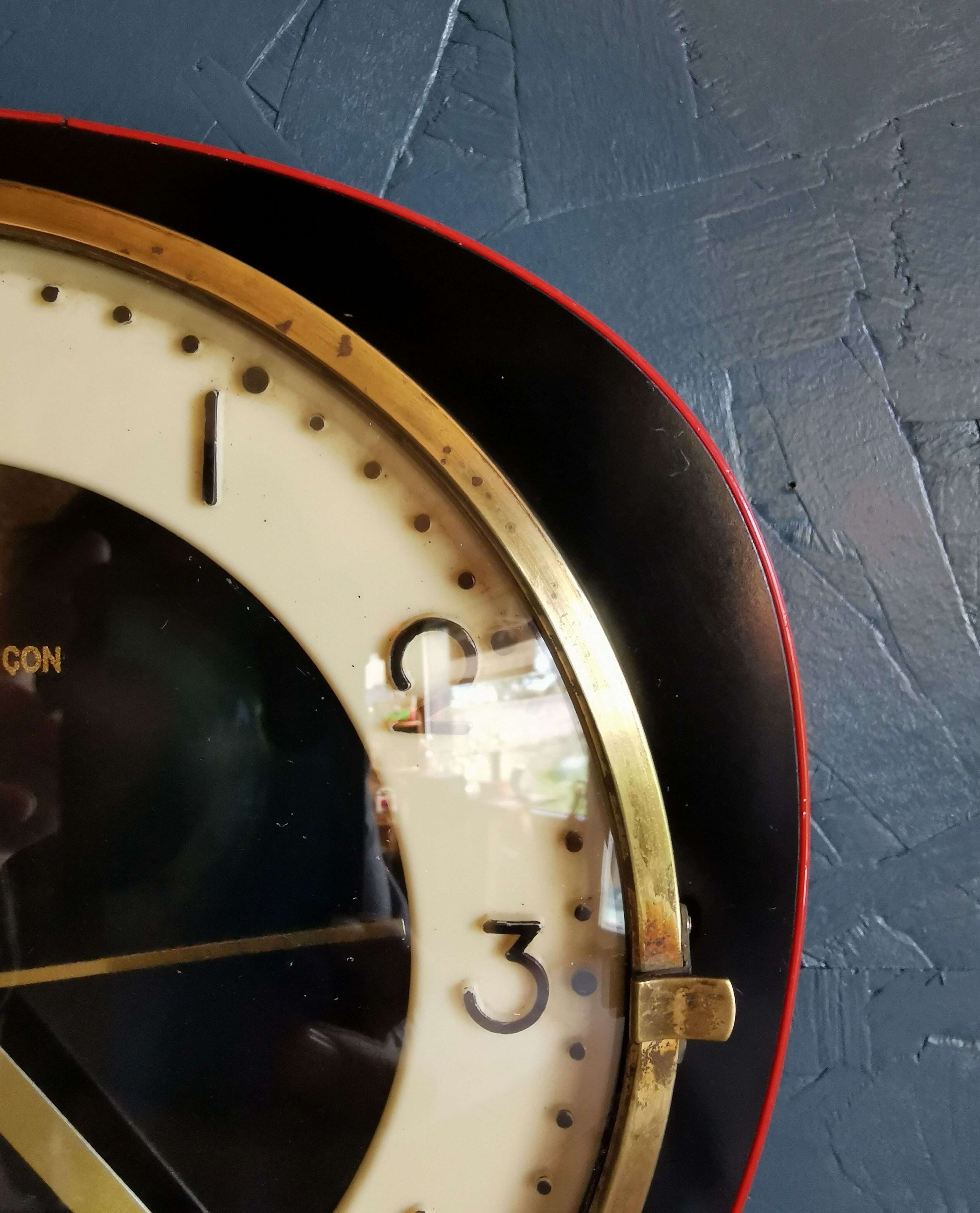 Vintage formica clock silent asymmetrical wall clock "Ajas Besançon black red"