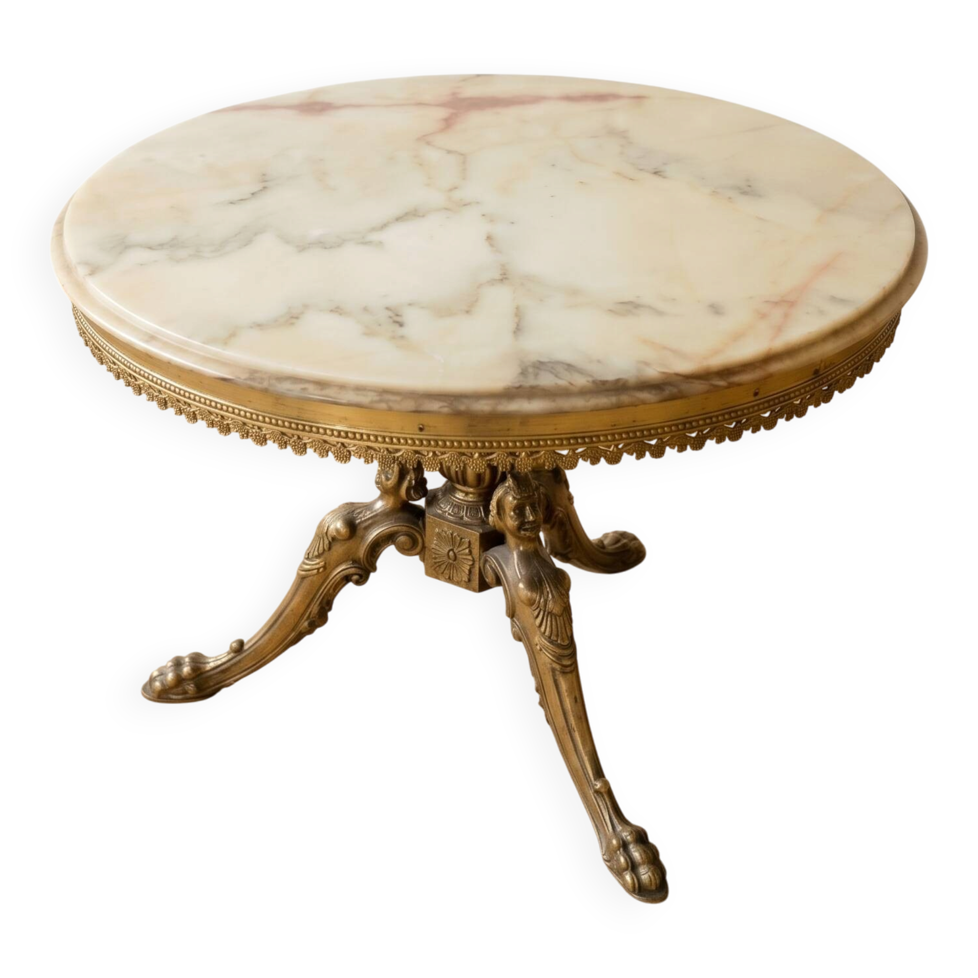 Round marble coffee table with a gold base in classic style.