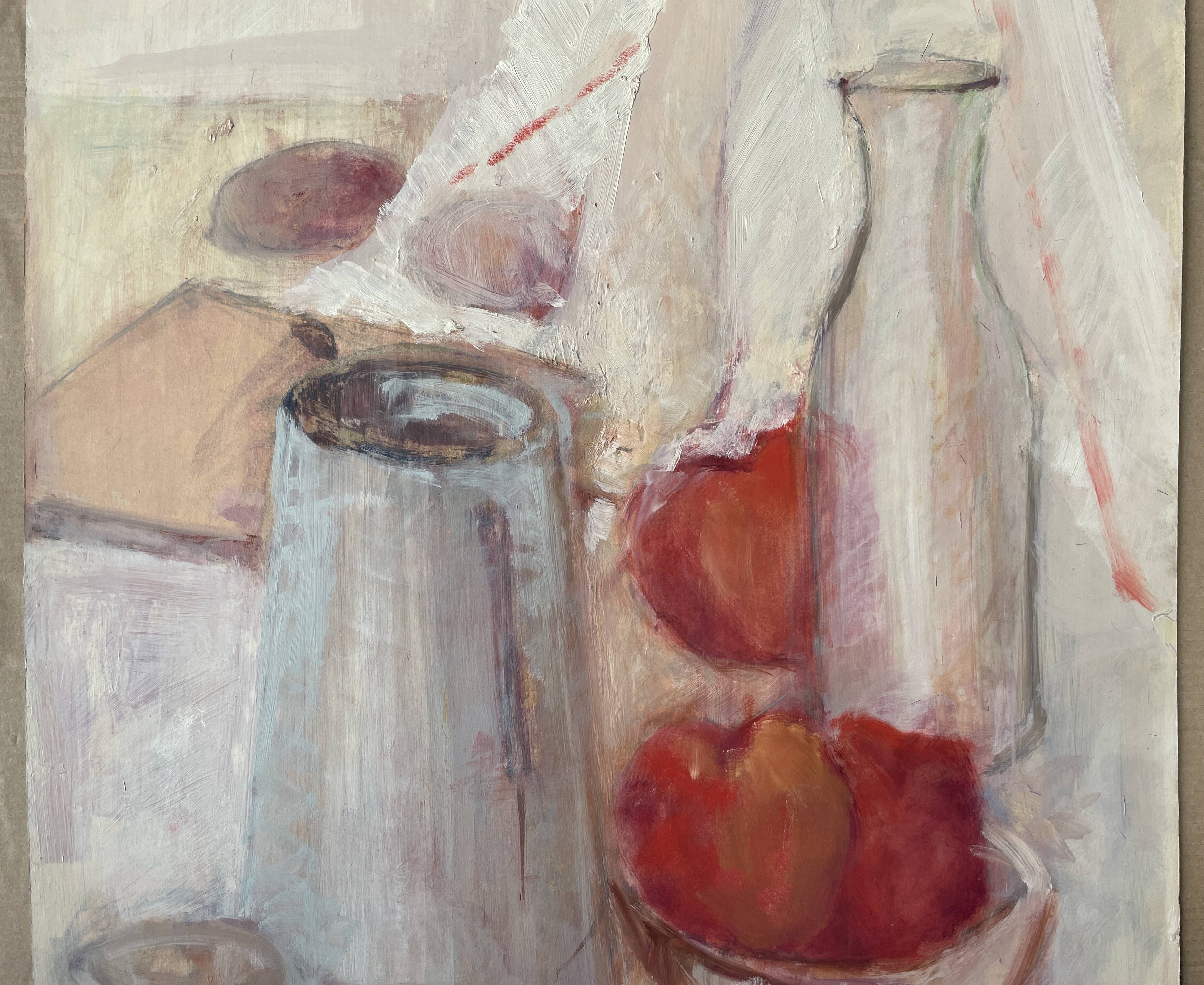 Still life "Red apples and blue pitcher" oil on cardboard