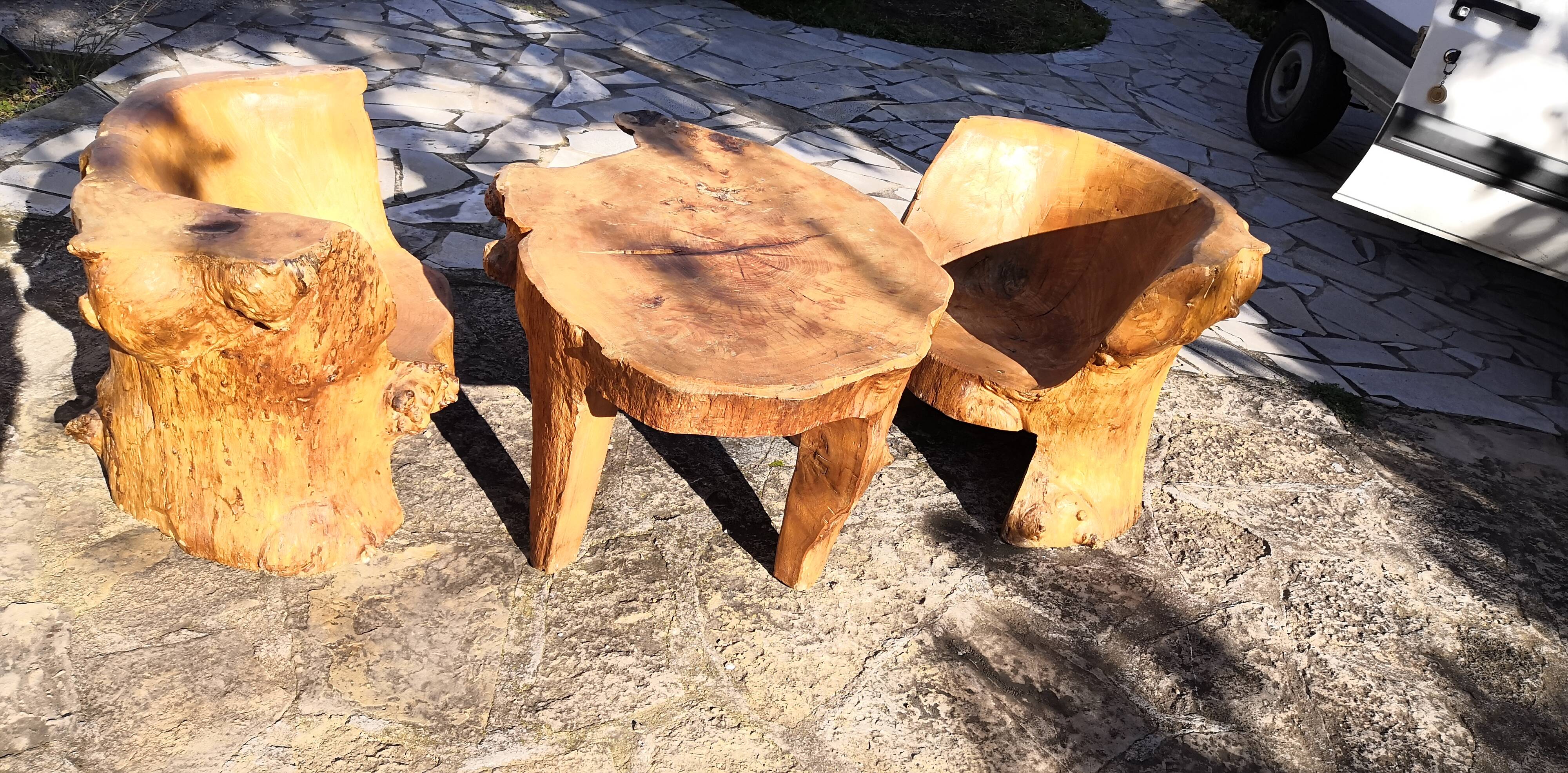 Living room 2 armchairs & coffee table in elm brutalist design 1950